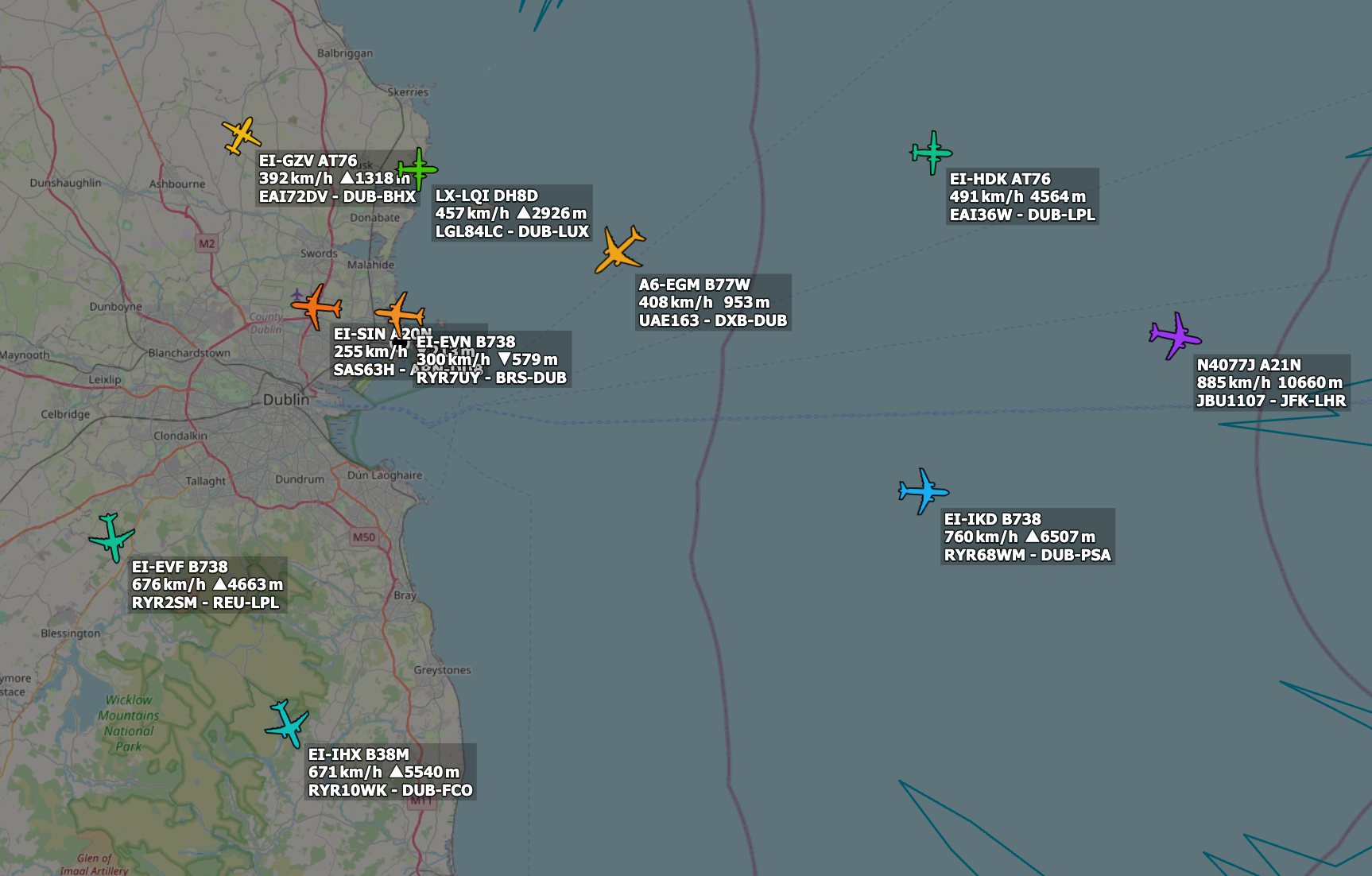 Screenshot from tar1090 map of airplane locations above Dublin received on my ADS-B receiver on 14th July 2025.